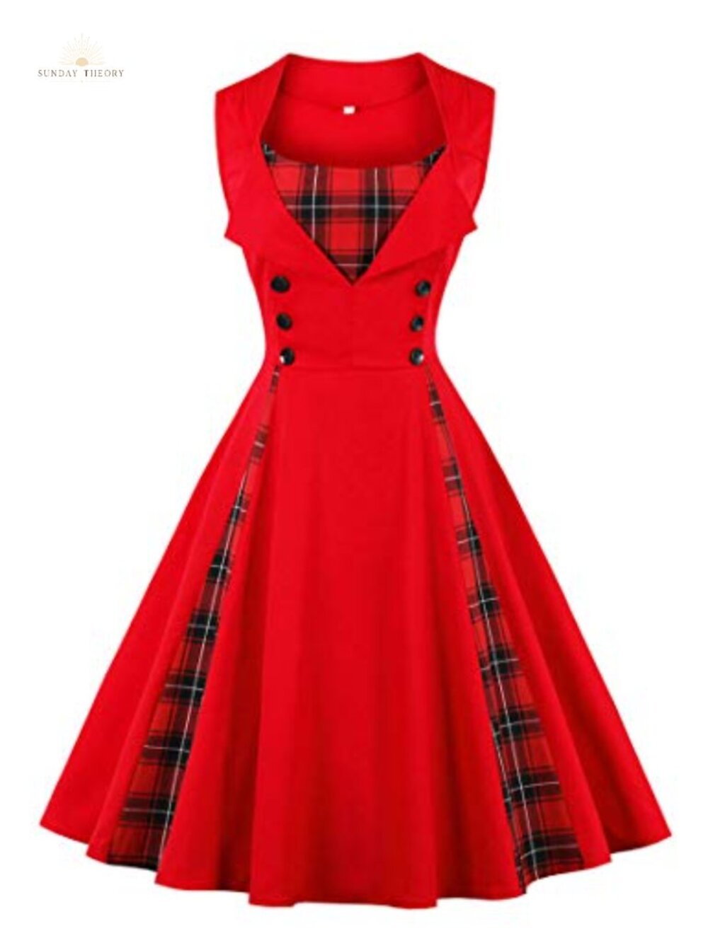 Sleeveless Fit and Flare High Waist Cocktail Swing Dress Plaid Patchwork